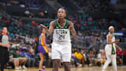 Seattle Storm guard Jewell Loyd reacts in the second half against the LA Sparks at Crypto.com Arena.