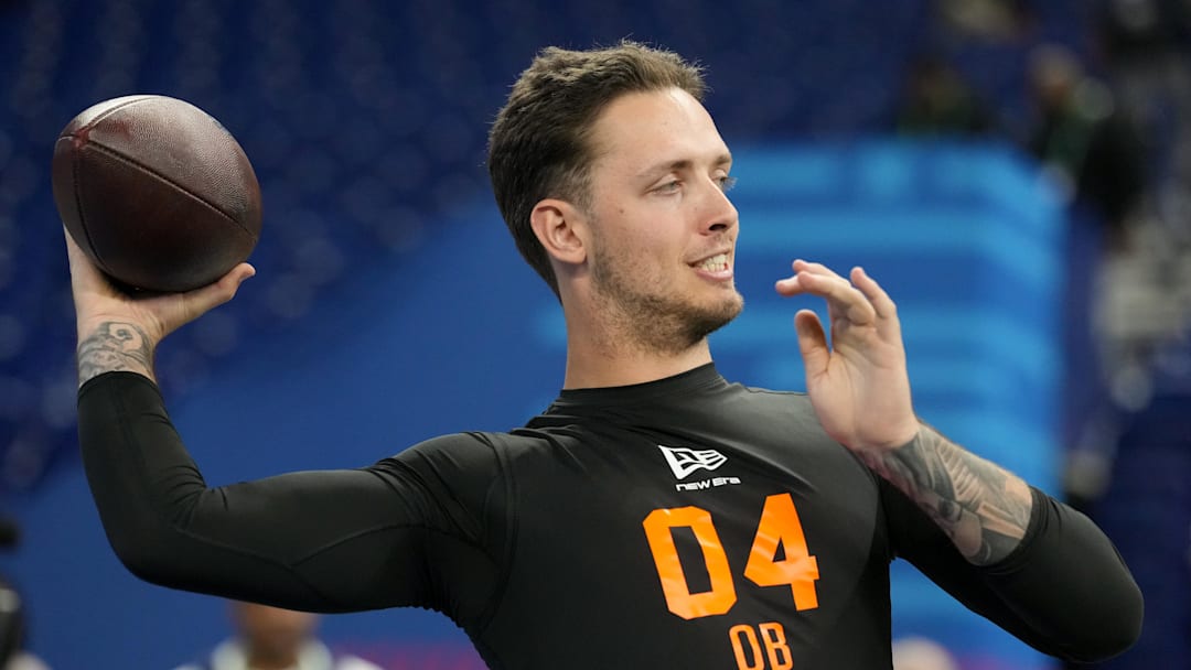 Feb 28, 2026; Indianapolis, IN, USA; Miami quarterback Carson Beck (QB04) during the NFL Scouting Combine at Lucas Oil Stadium. Mandatory Credit: Kirby Lee-Imagn Images Feb 28, 2026; Indianapolis, IN, USA; Miami quarterback Carson Beck (QB04) during the NFL Scouting Combine at Lucas Oil Stadium. Mandatory Credit: Kirby Lee-Imagn Images