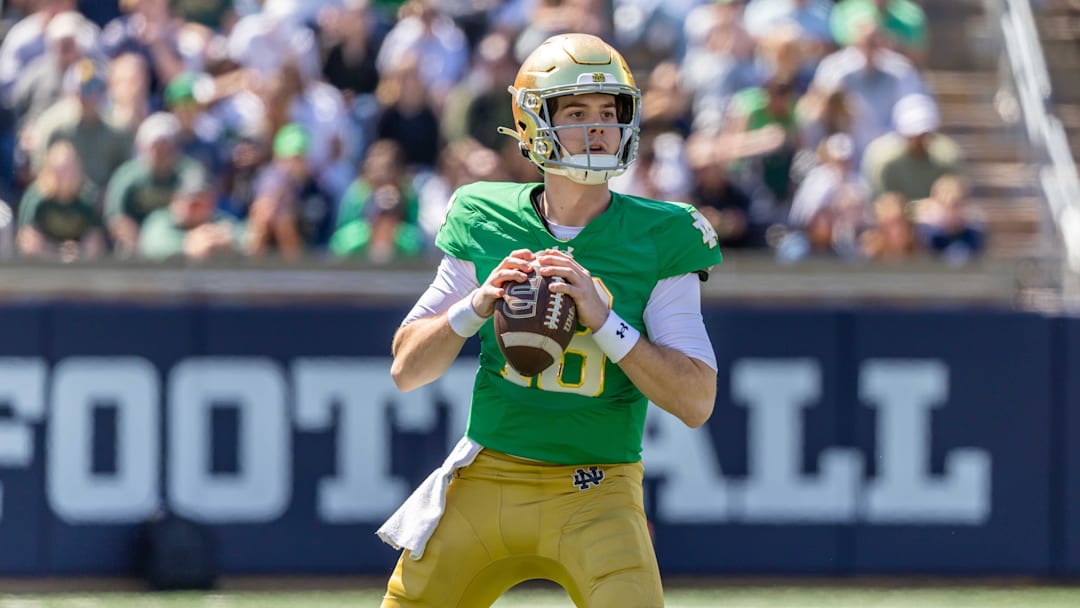 Apr 12, 2025; Notre Dame, IN, USA; Notre Dame Fighting Irish quarterback Steve Angeli (18) looks to pass during the Blue-Gold game at Notre Dame Stadium. Mandatory Credit: Michael Caterina-Imagn Images