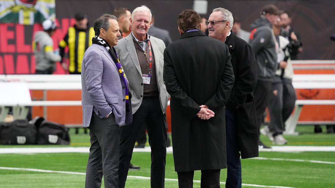 Oct 5, 2025; Tottenham, United Kingdom; Cleveland Browns owner Jimmy Haslam (center) and Minnesota Vikings owner Zygi Wilf (right) talk before an NFL International Series game between the Minnesota Vikings and the Cleveland Browns at Tottenham Hotspur Stadium. Mandatory Credit: Kirby Lee-Imagn Images