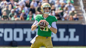 Apr 12, 2025; Notre Dame, IN, USA; Notre Dame Fighting Irish quarterback Steve Angeli (18) looks to pass during the Blue-Gold game at Notre Dame Stadium. Mandatory Credit: Michael Caterina-Imagn Images