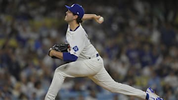 Jun 19, 2025; Los Angeles, California, USA;   Los Angeles Dodgers relief pitcher Jack Little (81) makes his major league debut in the eighth inning against the San Diego Padres at Dodger Stadium. Mandatory Credit: Jayne Kamin-Oncea-Imagn Images
