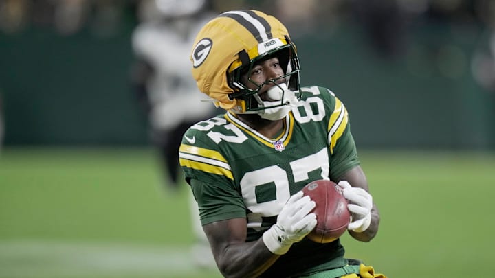 Green Bay Packers wide receiver Romeo Doubs (87) fields a punt during the second quarter of their game against the Philadelphia Eagles Monday, November 10, 2025 at Lambeau Field in Green Bay, Wisconsin.