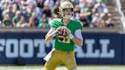 Apr 12, 2025; Notre Dame, IN, USA; Notre Dame Fighting Irish quarterback Steve Angeli (18) looks to pass during the Blue-Gold game at Notre Dame Stadium. Mandatory Credit: Michael Caterina-Imagn Images