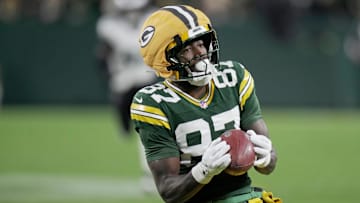 Green Bay Packers wide receiver Romeo Doubs (87) fields a punt during the second quarter of their game against the Philadelphia Eagles Monday, November 10, 2025 at Lambeau Field in Green Bay, Wisconsin.