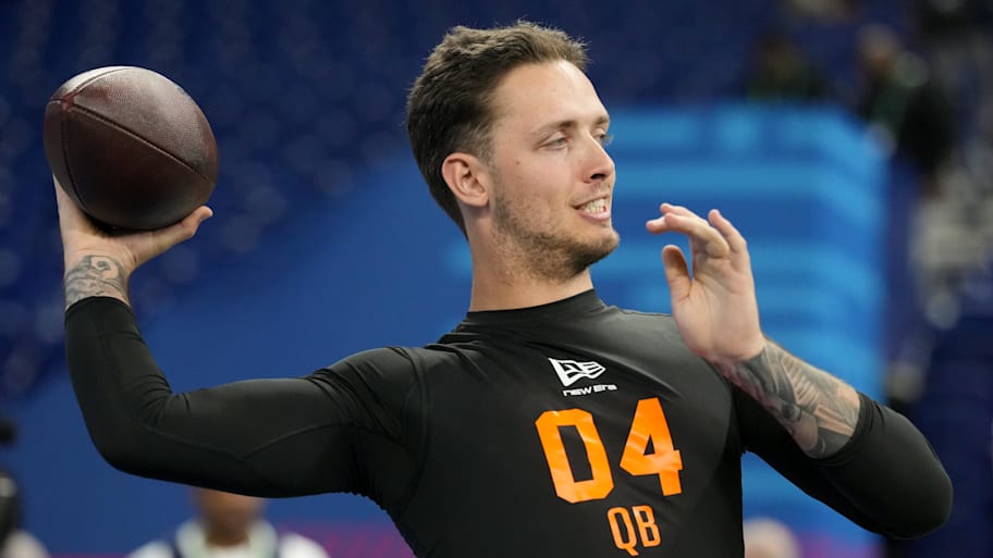 Miami quarterback Carson Beck throws a pass during the NFL scouting combine.