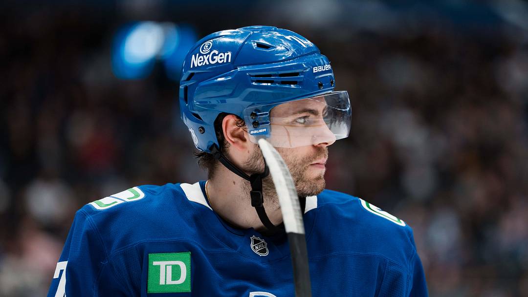 Apr 14, 2026; Vancouver, British Columbia, CAN; Vancouver Canucks forward Jake DeBrusk (74) during a stop in play against the Los Angeles Kings in the second period at Rogers Arena. Mandatory Credit: Bob Frid-Imagn Images