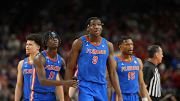 Apr 7, 2025; San Antonio, TX, USA; Florida Gators guard Denzel Aberdeen (11) and center Rueben Chinyelu (9) react after a play against the Houston Cougars during the second half of the national championship game of the Final Four of the 2025 NCAA Tournament at the Alamodome. Mandatory Credit: Bob Donnan-Imagn Images