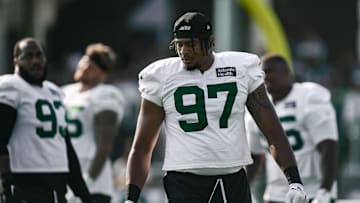 Jul 25, 2025; Florham Park, NJ, USA; New York Jets defensive tackle Jay Tufele (97) warms up during training camp at Atlantic Health Jets Training Center. Mandatory Credit: John Jones-Imagn Images