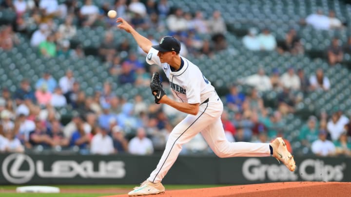 Seattle Mariners starting pitcher George Kirby pitches against the Detroit Tigers on Aug. 7 at T-Mobile Park.