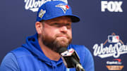 Oct 29, 2025; Los Angeles, California, USA; Toronto Blue Jays manager John Schneider (14) speaks at the pregame press conference before game five of the 2025 MLB World Series at Dodger Stadium. 