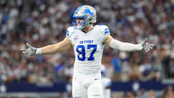 Oct 13, 2024; Arlington, Texas, USA; Detroit Lions defensive end Aidan Hutchinson (97) in action during the game against the Dallas Cowboys at AT&T Stadium. Mandatory Credit: Kevin Jairaj-Imagn Images