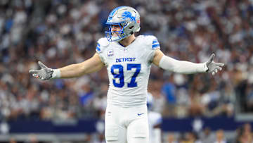 Oct 13, 2024; Arlington, Texas, USA; Detroit Lions defensive end Aidan Hutchinson (97) in action during the game against the Dallas Cowboys at AT&T Stadium. Mandatory Credit: Kevin Jairaj-Imagn Images