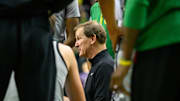 Dec 15, 2024; Eugene, Oregon, USA; Oregon Ducks head coach Dana Altman goes over strategy in a time out during the second half against the Stephen F. Austin Lumberjacks at Matthew Knight Arena. Mandatory Credit: Craig Strobeck-Imagn Images