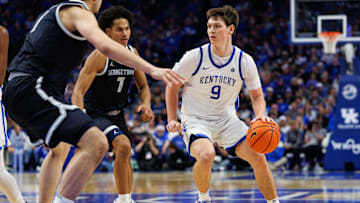 Oct 30, 2025; Lexington, KY, USA; Kentucky Wildcats forward Trent Noah (9) drives to the basket during the second half against the Georgetown Hoyas at Rupp Arena at Central Bank Center. Mandatory Credit: Jordan Prather-Imagn Images