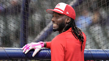 Apr 5, 2025; Milwaukee, Wisconsin, USA;  Cincinnati Reds shortstop Elly De La Cruz (44) looks on during batting practice prior to the game against the Milwaukee Brewers at American Family Field. Mandatory Credit: Jeff Hanisch-Imagn Images