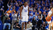 Feb 11, 2025; Lexington, Kentucky, USA; Kentucky Wildcats guard Otega Oweh (00) celebrates during the second half against the Tennessee Volunteers at Rupp Arena at Central Bank Center. Mandatory Credit: Jordan Prather-Imagn Images