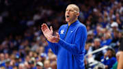 Oct 30, 2025; Lexington, KY, USA; Kentucky Wildcats head coach Mark Pope claps on the sideline during the second half against the Georgetown Hoyas at Rupp Arena at Central Bank Center. Mandatory Credit: Jordan Prather-Imagn Images