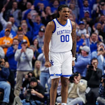 Feb 11, 2025; Lexington, Kentucky, USA; Kentucky Wildcats guard Otega Oweh (00) celebrates during the second half against the Tennessee Volunteers at Rupp Arena at Central Bank Center. Mandatory Credit: Jordan Prather-Imagn Images