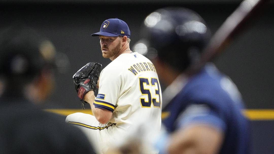Mar 31, 2026; Milwaukee, Wisconsin, USA; Milwaukee Brewers pitcher Brandon Woodruff (53) delivers a pitch against the Tampa Bay Rays in the first inning at American Family Field. Mandatory Credit: Michael McLoone-Imagn Images