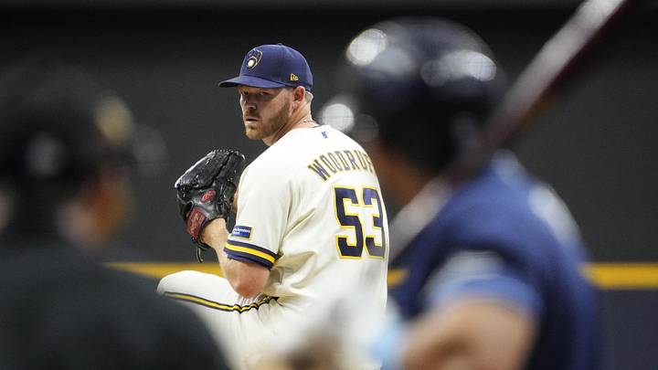 Mar 31, 2026; Milwaukee, Wisconsin, USA; Milwaukee Brewers pitcher Brandon Woodruff (53) delivers a pitch against the Tampa Bay Rays in the first inning at American Family Field. Mandatory Credit: Michael McLoone-Imagn Images