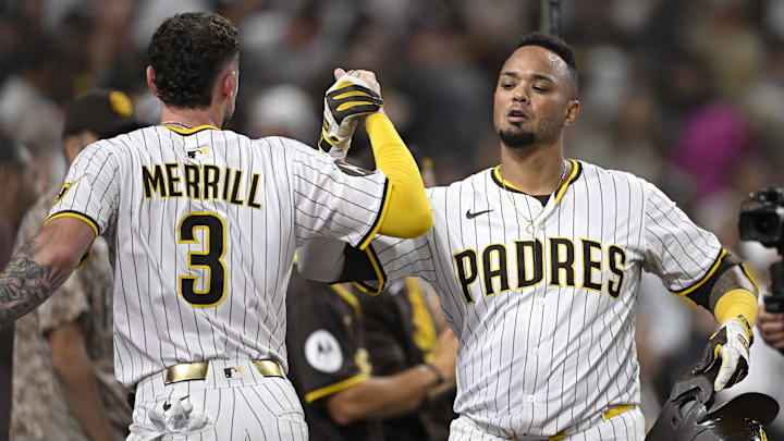 Jun 10, 2025; San Diego, California, USA; San Diego Padres catcher Martin Maldonado (15) is congratulated by Jackson Merrill (3) after hitting a solo home run during the sixth inning against the Los Angeles Dodgers at Petco Park. Jun 10, 2025; San Diego, California, USA; San Diego Padres catcher Martin Maldonado (15) is congratulated by Jackson Merrill (3) after hitting a solo home run during the sixth inning against the Los Angeles Dodgers at Petco Park.