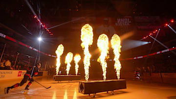 John Hayden takes the ice during introductions for the Coachella Valley Firebirds before their game against the Tuscon Roadrunners at Acrisure Arena in Palm Desert, Calif., Feb. 19, 2025.