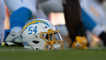 Aug 25, 2023; Santa Clara, California, USA; A detail view of the helmet belonging to Los Angeles Chargers linebacker Carlo Kemp (54) before the start of the first quarter against the San Francisco 49ers at Levi's Stadium.