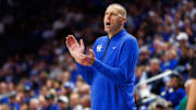 Oct 30, 2025; Lexington, KY, USA; Kentucky Wildcats head coach Mark Pope claps on the sideline during the second half against the Georgetown Hoyas at Rupp Arena at Central Bank Center. Mandatory Credit: Jordan Prather-Imagn Images