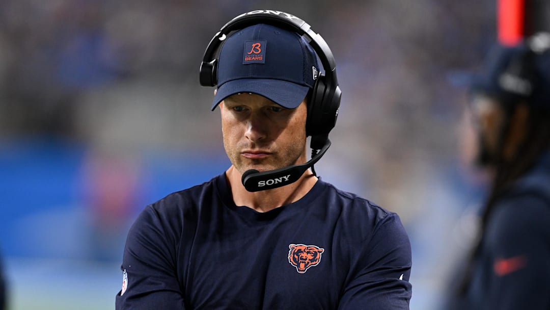 Sep 14, 2025; Detroit, Michigan, USA; Chicago Bears head coach Ben Johnson looks on during the second half of the game against the Detroit Lions at Ford Field. Mandatory Credit: Lon Horwedel-Imagn Images