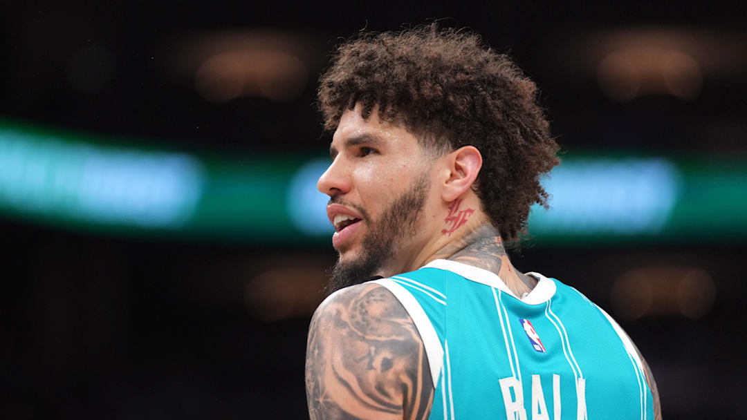 Mar 8, 2026; Phoenix, Arizona, USA; Charlotte Hornets guard LaMelo Ball (1) reacts against the Phoenix Suns during the second half at Mortgage Matchup Center. Mandatory Credit: Joe Camporeale-Imagn Images