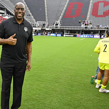 Sep 7, 2024; Washington, District of Columbia, USA; Washington Commanders owner Magic Johnson poses for a photo after the game between the Washington Spirit and Portland Thorns FC at Audi Field. Mandatory Credit: Brad Mills-Imagn Images