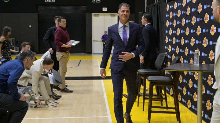 Jun 24, 2024; El Segundo, CA, USA; Los Angeles Lakers general manager Rob Pelinka walks off following the introductory news conference for head coach JJ Redick at the UCLA Health Training Center. Mandatory Credit: Jayne Kamin-Oncea-USA TODAY Sports