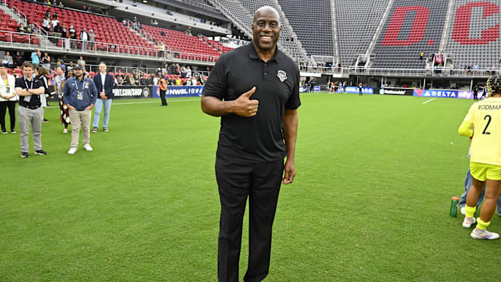 Sep 7, 2024; Washington, District of Columbia, USA; Washington Commanders owner Magic Johnson poses for a photo after the game between the Washington Spirit and Portland Thorns FC at Audi Field. Mandatory Credit: Brad Mills-Imagn Images