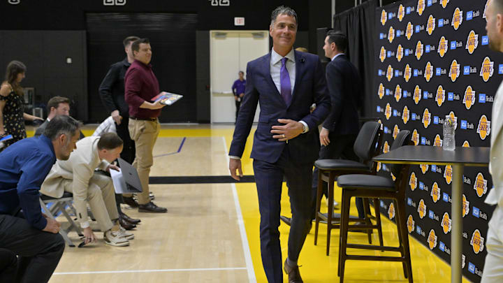 Jun 24, 2024; El Segundo, CA, USA; Los Angeles Lakers general manager Rob Pelinka walks off following the introductory news conference for head coach JJ Redick at the UCLA Health Training Center. Mandatory Credit: Jayne Kamin-Oncea-Imagn Images