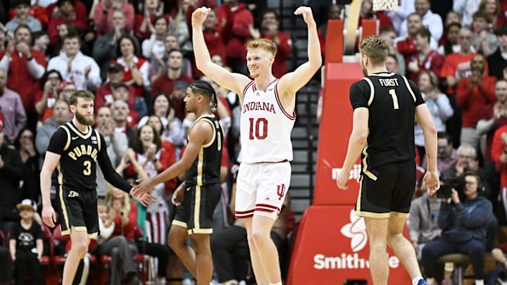 Feb 23, 2025; Bloomington, Indiana, USA; Indiana Hoosiers forward Luke Goode (10) celebrates after a play during the second half against the Purdue Boilermakers at Simon Skjodt Assembly Hall. Mandatory Credit: Robert Goddin-Imagn Images