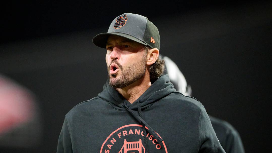 May 9, 2026; San Francisco, California, USA; San Francisco Giants manager Tony Vitello (23) reacts after infielder Christian Koss (50) was hit in the head with a pitch thrown by pitcher Cam Sanders (not pictured) during the ninth inning at Oracle Park. Mandatory Credit: Robert Edwards-Imagn Images