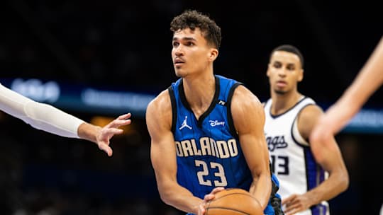 Mar 29, 2025; Orlando, Florida, USA; Orlando Magic forward Tristan da Silva (23) passes the ball against the Sacramento Kings in the fourth quarter at Kia Center. Mandatory Credit: Jeremy Reper-Imagn Images