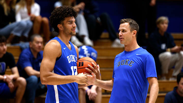 Duke Men's Basketball Open Practice; Duke basketball forward Cameron Boozer and head coach Jon Scheyer