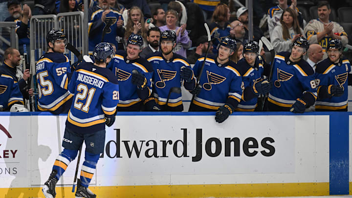 Apr 13, 2026; St. Louis, Missouri, USA; St. Louis Blues right wing Jimmy Snuggerud (21) is congratulated after scoring an empty net goal against the Minnesota Wild in the third period at Enterprise Center. Mandatory Credit: Joe Puetz-Imagn Images