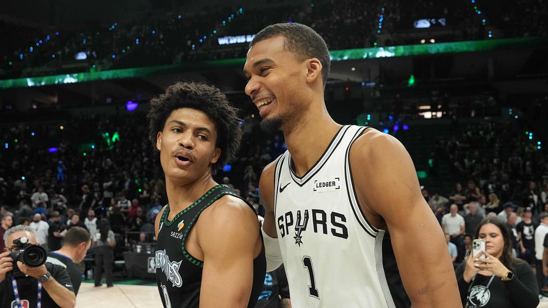 May 15, 2026; Minneapolis, Minnesota, USA; San Antonio Spurs forward Victor Wembanyama (1) talks with Minnesota Timberwolves forward Joan Beringer (19) after game six of the second round of the 2026 NBA Playoffs at Target Center. Mandatory Credit: Jesse Johnson-Imagn Images May 15, 2026; Minneapolis, Minnesota, USA; San Antonio Spurs forward Victor Wembanyama (1) talks with Minnesota Timberwolves forward Joan Beringer (19) after game six of the second round of the 2026 NBA Playoffs at Target Center. Mandatory Credit: Jesse Johnson-Imagn Images