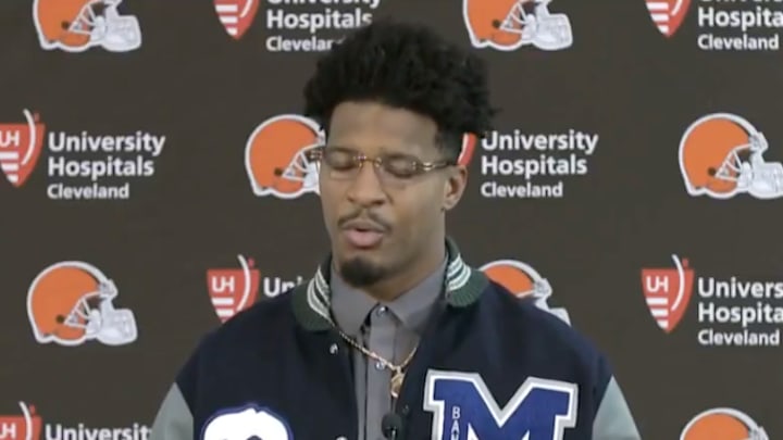 Cleveland Browns quarterback Jameis Winston speaks to the media following the game vs. the Denver Broncos on December 2, 2024. 