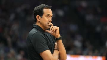 Oct 29, 2022; Sacramento, California, USA; Miami Heat head coach Eric Spoelstra stands on the sideline during the second quarter against the Sacramento Kings at Golden 1 Center. Mandatory Credit: Darren Yamashita-USA TODAY Sports