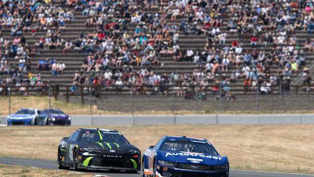 Joey Logano (22) stays ahead of driver Tyler Reddick (45) during the Toyota / Save Mart 350 at Sonoma Raceway.