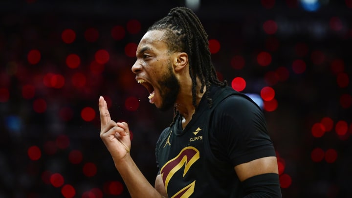 May 5, 2024; Cleveland, Ohio, USA; Cleveland Cavaliers guard Darius Garland (10) celebrates after hitting a three point basket during the second half against the Orlando Magic in game seven of the first round for the 2024 NBA playoffs at Rocket Mortgage FieldHouse. Mandatory Credit: Ken Blaze-USA TODAY Sports