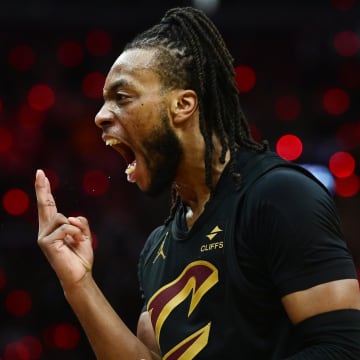 May 5, 2024; Cleveland, Ohio, USA; Cleveland Cavaliers guard Darius Garland (10) celebrates after hitting a three point basket during the second half against the Orlando Magic in game seven of the first round for the 2024 NBA playoffs at Rocket Mortgage FieldHouse. 