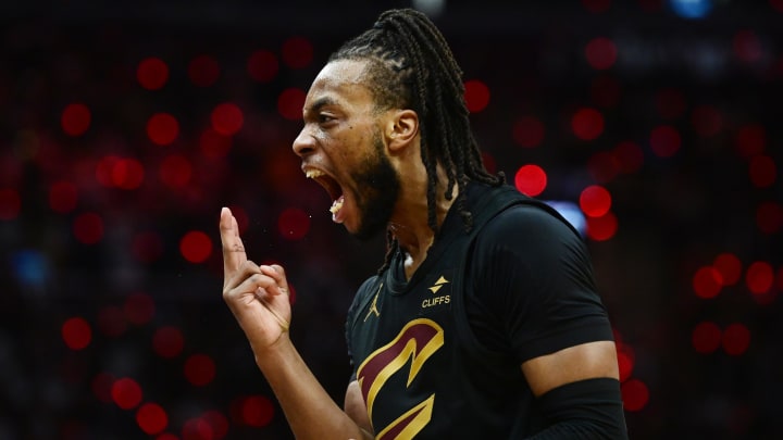 May 5, 2024; Cleveland, Ohio, USA; Cleveland Cavaliers guard Darius Garland (10) celebrates after hitting a three point basket during the second half against the Orlando Magic in game seven of the first round for the 2024 NBA playoffs at Rocket Mortgage FieldHouse. Mandatory Credit: Ken Blaze-USA TODAY Sports