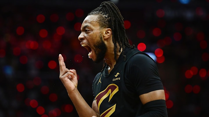 May 5, 2024; Cleveland, Ohio, USA; Cleveland Cavaliers guard Darius Garland (10) celebrates after hitting a three point basket during the second half against the Orlando Magic in game seven of the first round for the 2024 NBA playoffs at Rocket Mortgage FieldHouse.