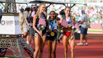 Jun 29, 2024; Eugene, OR, USA; Medalists in the women’s 10,000 meters. Weini Kelati gold (center), Parker Valby silver (left) and Karissa Schweizer (right) at the US Olympic Track and Field Team Trials. Mandatory Credit: Craig Strobeck-USA TODAY Sports