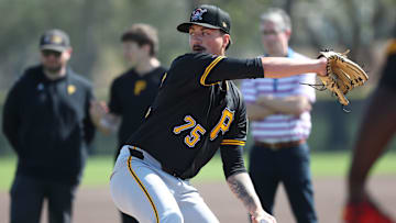Feb 14, 2025; Bradenton, FL, USA;  Pittsburgh Pirates pitcher Anthony Solometo (75) during spring training workouts at Pirate City. Mandatory Credit: Kim Klement Neitzel-Imagn Images
